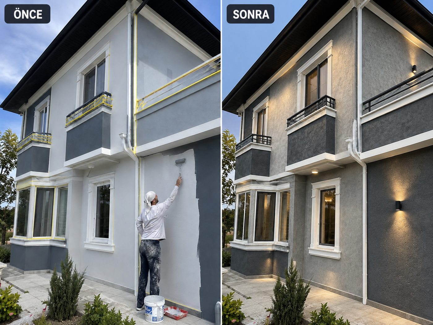 Yelki dış cephe boya öncesi ve sonrası