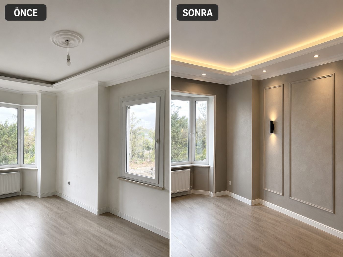 Yelki iç cephe boya öncesi ve sonrası